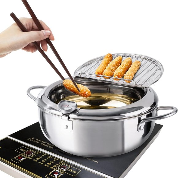 Deep Fryer Pot, 9.4 Inch/3.4 L Janpanese Style Tempura Frying Pot with Lid, 304